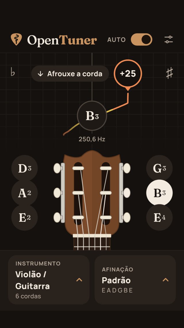 OpenTuner no tema escuro: a corda Si do violão 25 cents apertada, com a instrução de afrouxar