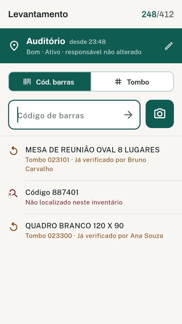 Tela de levantamento do SLAP Mobile: leitura de código de barras na sala Auditório, com um item já verificado, um não localizado e um registrado